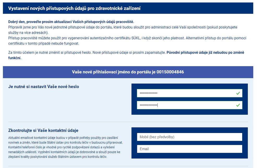 Následuje aktualizace kontaktních údajů v podobě mobilního čísla a emailové adresy.