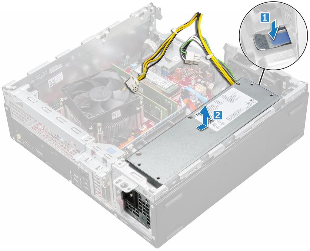 Montáž jednotky zdroje napájení (PSU) 1 Vložte jednotku PSU do skříně a posuňte ji k zadní části počítače. 2 Namontujte šrouby upevňující jednotku PSU k zadní straně počítače.