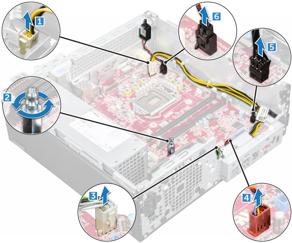 6 Postup demontáže základní desky: a Vyšroubujte šrouby připevňující základní desku k