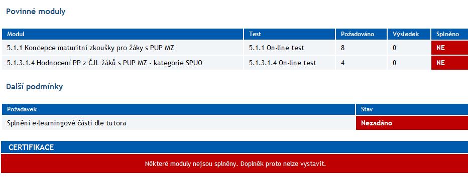 Obr. 5: Obrazovka funkcionality Tisk doplňku s možností kontroly splnění on-line testů Některé on-line testy nejsou splněny nebo splnění není potvrzeno tutorem. Doplněk proto nelze vystavit.