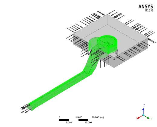 Obr. 133 Wall d. Výstupy Výchozí geometrie stávající stav Bylo provedeno posouzení stávajícího stavu s jedním žebrem ve spadišti při hladině v nádrži odpovídající průtoku Q100.