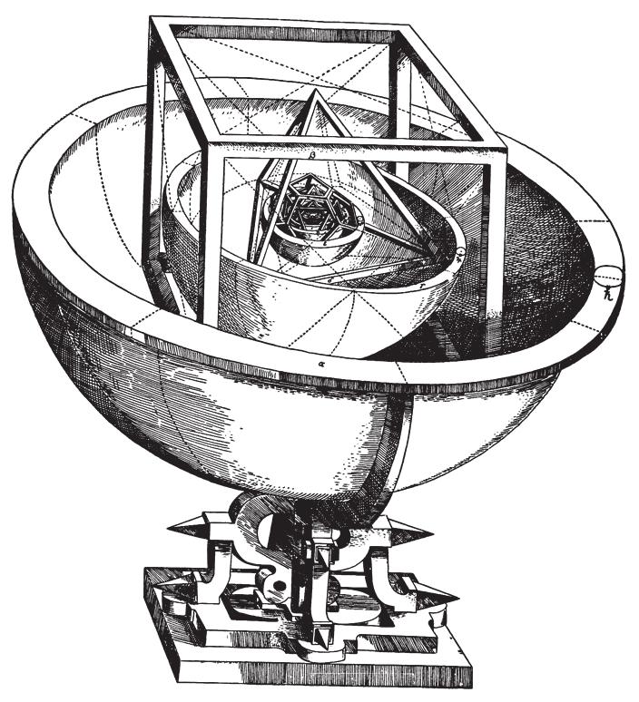 obr. 4 První Keplerův model vesmíru postavený na platónských tělesech, který Kepler posléze opustil. Zdroj: Wikimedia Commons. obr.