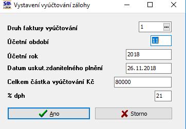 Obrázek: Došlé zálohy automatizované vystavení faktury za vyúčtování zálohy Po spuštění funkce program nejprve zobrazí tabulku, kde vyplníme hlavně druh faktury, pod který chceme uložit nově