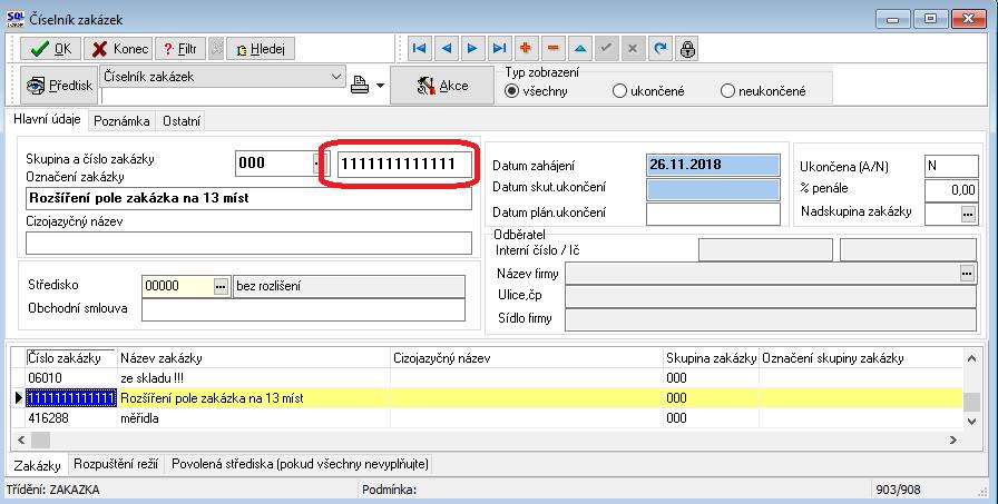 Manuál SQL Ekonom verze 19.0.0 Účetnictví Zakázky V rámci celého informačního systému jsme rozšířili rozsah pole účetní zakázky ze 6 až na 13 míst.