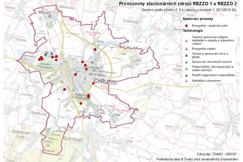 Obrázek 4 Vyjmenované stacionární zdroje na území města Chrudimi v