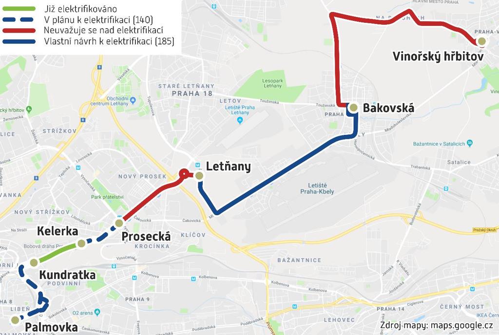 Obrázek 7: Plán elektrifikace linky 185 6.2 Elektrifikace linky 302 Linka 302 je provozována v trase Palmovka Přezletice, Kocanda. V sobotu a neděli pouze v úseku Letňany Přezletice, Kocanda.