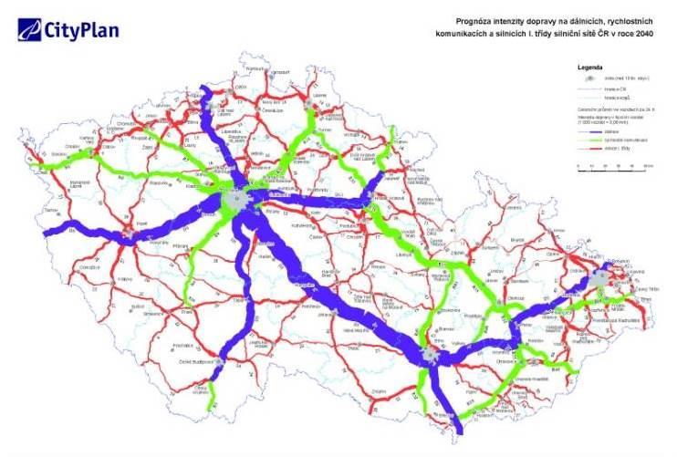 Model intenzity dopravy v roce 2040 Nejvyšší dopravní intenzity jsou na dálnicích na území Prahy Na Pražském okruhu dochází k nežádoucímu mísení tranzitní a městské dopravy Tato situace je