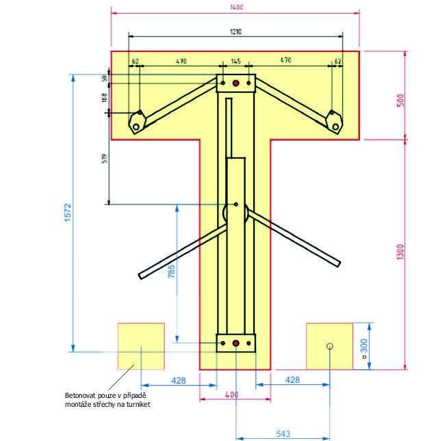 2 Montáž turniketu 1. Vyhlubte základové pásy pro vytvoření betonového základu k upevnění turniketu.