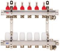 Podlahové vytápění Sestava rozdělovač-sběrač 1", rozdělovač s regulačními šroubeními a integrovanými průtokoměry 0 4 l/min.