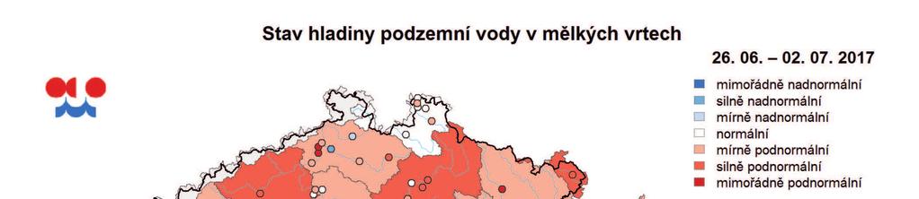 Mapa ukazuje stav podzemní vody ve sledovaných vrtech a oblastech povodí dle pravděpodobnosti překročení úrovně hladin v daném týdnu v referenčním období 1981 2010 (viz text).