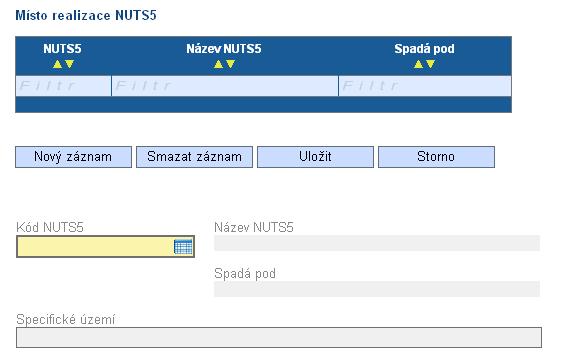pomoci dvojitých šipek. Po zadání NUTS5 se automaticky doplní pole Název NUTS5 a Spadá pod (název NUTS5 definovaný Statistickým úřadem).