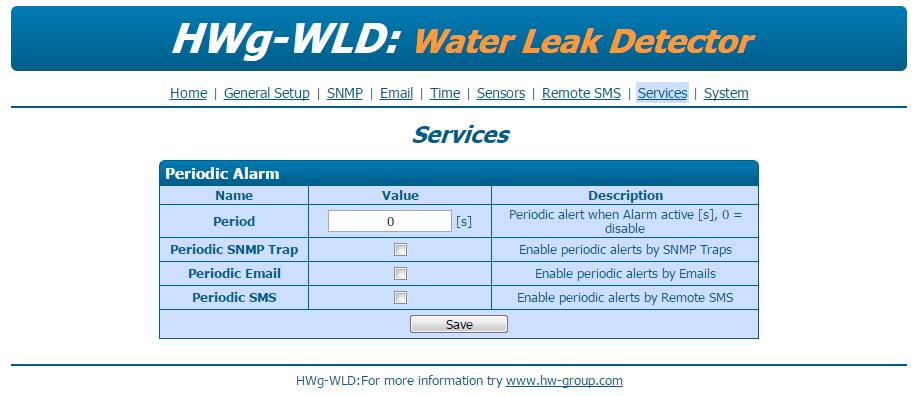 Services Nastavení opakovaného posílání Alarmové zprávy. Perioda je společná pro SNMP Alarm, E-mail i Sms.