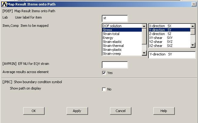 Main Menu > General Postproc > Path Operations > Map Onto Path Vyplníme dle Obr. 9. Obr. 9 - Načtení výsledků k dráze MERIDIAN PDEF,TECNE,s,Z, A podobně zadáme i Meridiánové napětí.