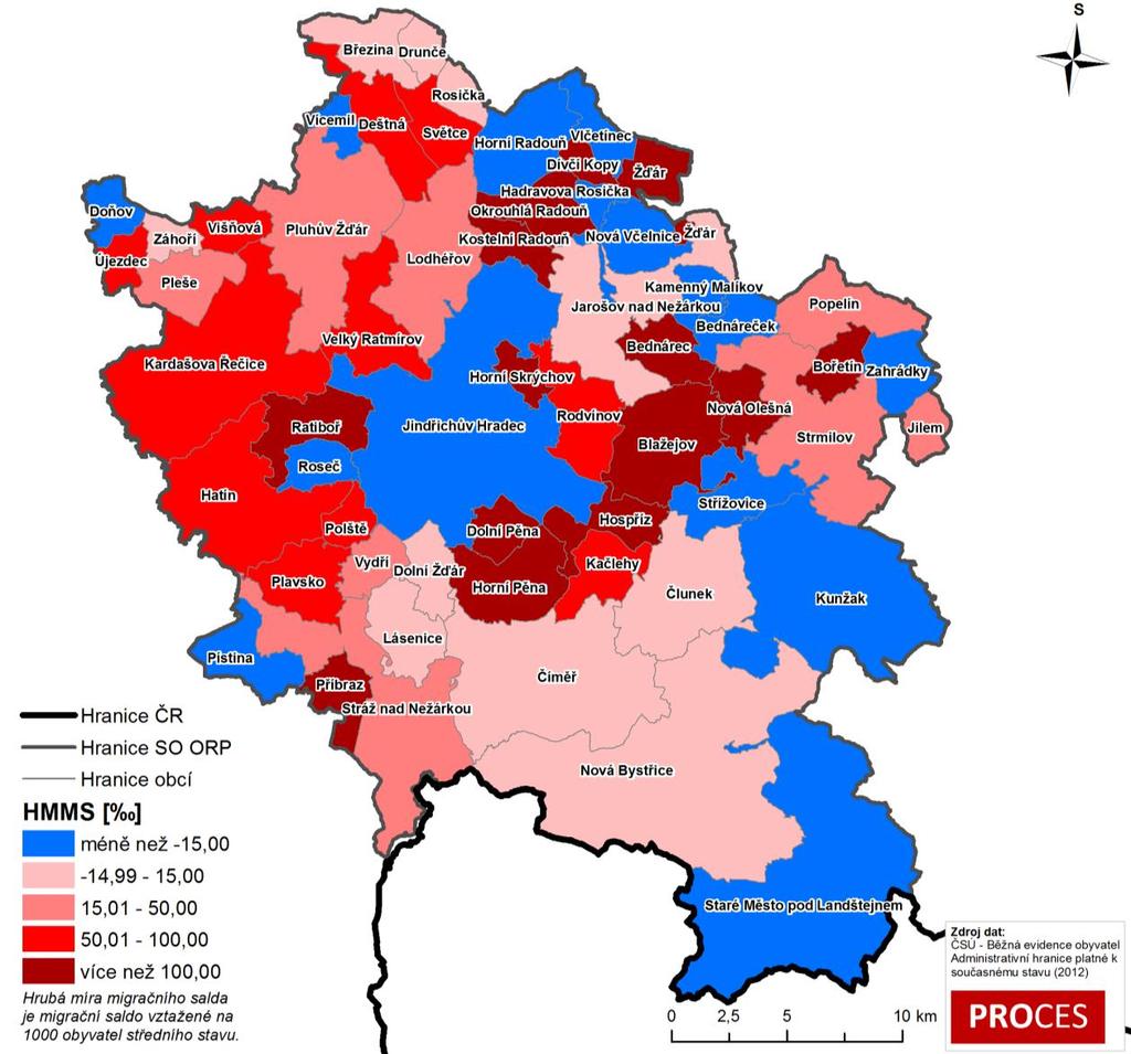 Centrum pro rozvoj obcí a regionů, s. r. o. Dle hrubé míry migračního salda zaznamenaly největší nárůst počtu obyvatel obce v okolí města Jindřichův Hradec.