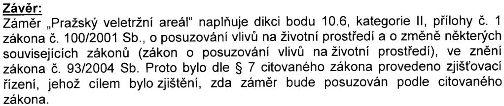 Vzhledem k výše uvedenému požaduje pøíslušný úøad zpracování dokumentace podle pøílohy È. 4. Závìr: Zámìr "Pražský veletržní areál" naplòuje dikci bodu 10.6, kategorie II, pøílohy è. 1 zákona è.