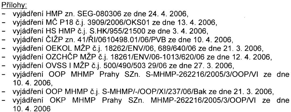 Pøílohy: - vyjádøení HMP zn. SEG-080306 ze dne 24. 4. 2006, - vyjádøení MÈ P18 è.j. 3909/2006/0KS01 ze dne 13.4. 2006, - vyjádøení HS HMP è.j. S.HK/955/21500 ze dne 3. 4. 2006, - vyjádøení ÈIŽP zn.