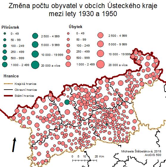 6.4 Vývoj obcí podle přírůstku a úbytku Při porovnání mapových výstupů, které zaznamenávají přírůstek a úbytek obyvatel v obcích Ústeckého kraje mezi lety 1930 až 1950, 1950 až 1990 a 1990 až 2011 je