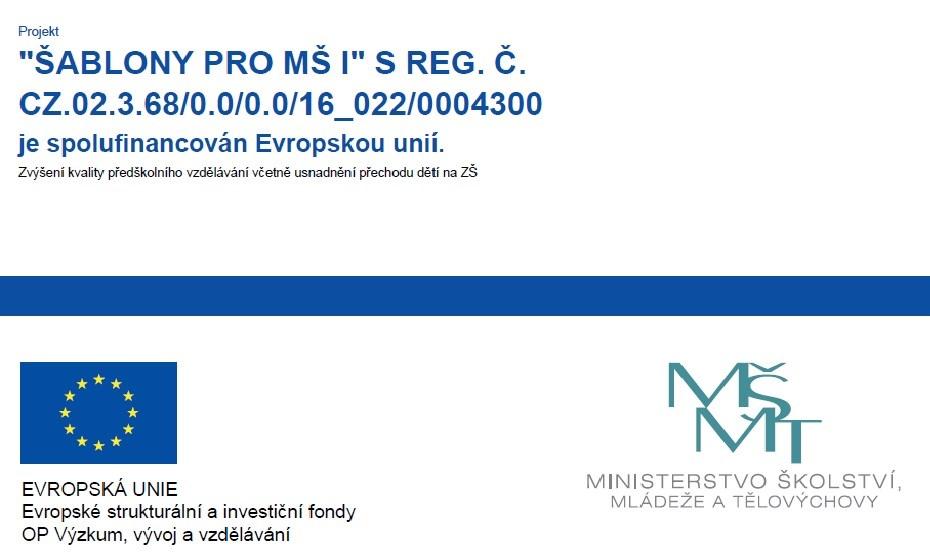Realizace projektu financovaného z jiných zdrojů. 1. Doba projektu: od 1. 1. 2017 31. 12. 2018 V roce 2017 získala škola v rámci výzvy MŠMT ŠABLONY PRO MŠ I 775225,- Kč.