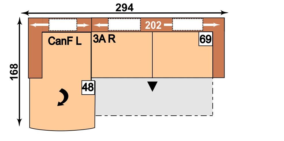 oboustranným relaxačním opěradlem; 2SR KSR = 2sedák s úložným prostorem, područka a podlaník prao Ploca lůžka: 236 x 121 cm 4 iz CanFL KS