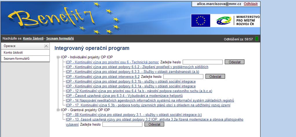 Tímto se otevře Seznam formulářů, kde jsou vypsány jednotlivé Operační programy pro období 2007-2013, které se realizují na území