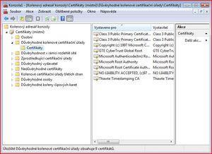 Z nabídky složek prosím vyberte Certifikáty - aktuální uživatel, poté Důvěryhodné kořenové certifikační úřady a nakonec Certifikáty.