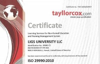 Certifikace ISO 29990:2010 potvrzuje, že LIGS University prokázala a dodržuje a neustále zlepšuje kvalitní systém řízení našich vzdělávacích služeb v celém poskytovaném rozsahu.