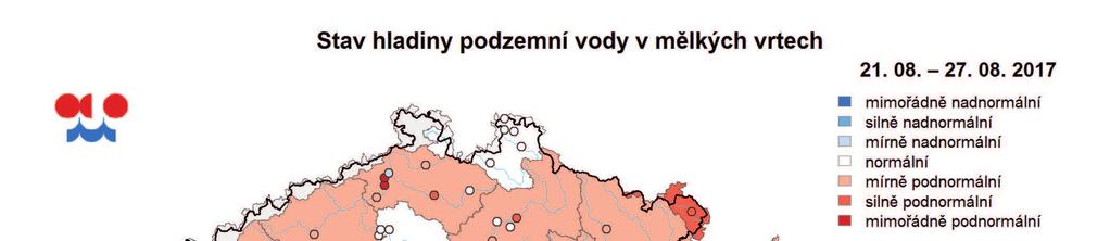 Mapa ukazuje stav podzemní vody ve sledovaných vrtech a oblastech povodí dle pravděpodobnosti překročení úrovně hladin v daném týdnu v referenčním období 1981 2010 (viz text).