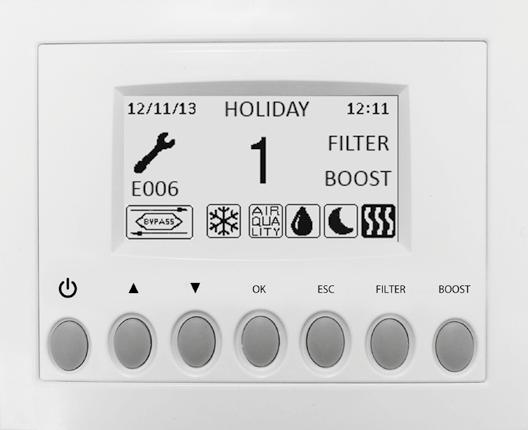 POPIS OVLÁDÁNÍ Jednotka je nabízena s multifunkčním LCD displayem (CTRL-DSP) a automatickou regulací Regulace otáček ventilátorů (3 rychlosti) Režim Boost intenzivní větrání při maximálním výkonu