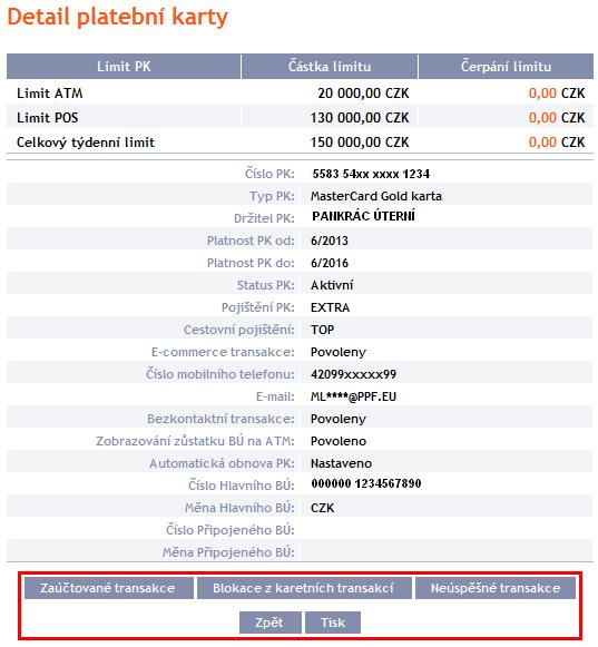 Tlačítkem Zpět se můžete vrátit na úvodní obrazovku Debetní platební karty. Zobrazené detaily PK lze vytisknout tlačítkem Tisk.