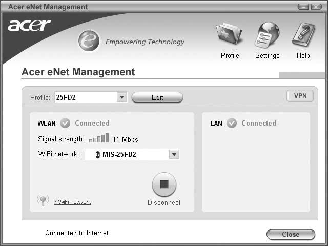 7 Acer enet Management Nástroj Acer enet Management umožňuje snadné a rychlé připojení ke kabelovým i bezdrátovým sítím na různých umístěních.