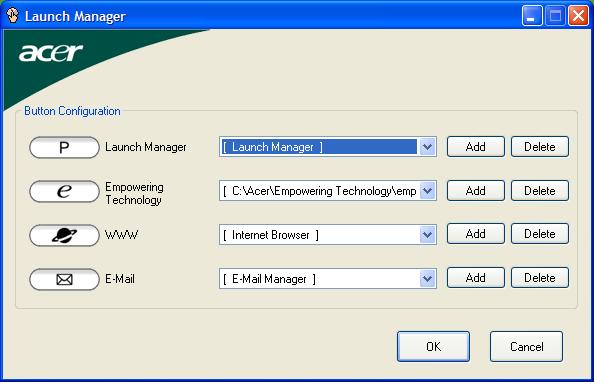 32 Launch Manager Nástroj Launch Manager umožňuje nastavit 4 tlačítka pro snadné spuštění, která se nacházejí nad klávesnicí.