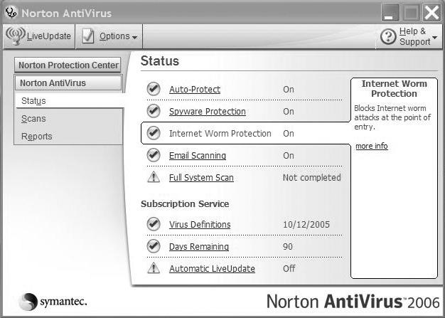 33 Norton AntiVirus Norton AntiVirus je antivirový program, který vyhledává a léčí soubory napadené virem a také chrání Váš počítač před viry. Jak vyhledávat viry?