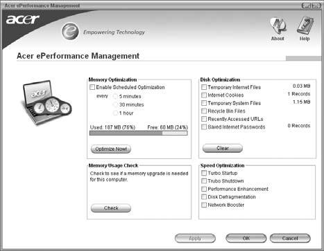 5 Acer eperformance Management Acer eperformance Management je nástroj k optimalizaci systému, který zvyšuje výkon notebooku Acer.