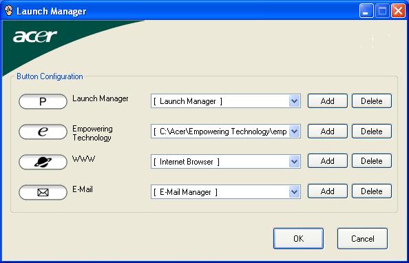 35 Launch Manager Nástroj Launch Manager umožňuje nastavit 4 tlačítka pro snadné spuštění, která se nacházejí nad klávesnicí.
