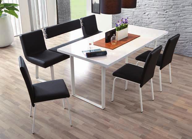 Stůl model Nevada, 180 x 90 cm, stolová deska bílá vysoký lesk, kovová kostra RAL 9016 bílá Židle model Tereza, čalouněný sedák a opěrák, kovová kostra RAL 9016 bílá Provedení: bílá vysoký lesk,