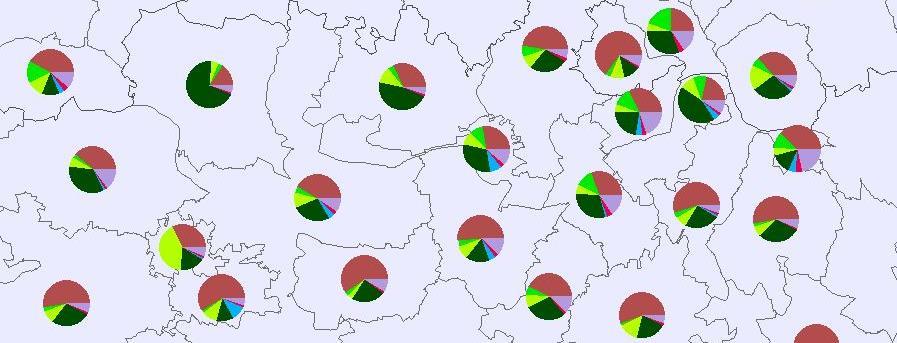 2.3.7 Metoda kartodiagramu Obrázek 12 - Metoda strukturního kartodiagramu vvýřez z mapového listu Využití ploch Metoda kartodiagramu umožňuje srovnání kvalitativních dat v jednotlivých územních