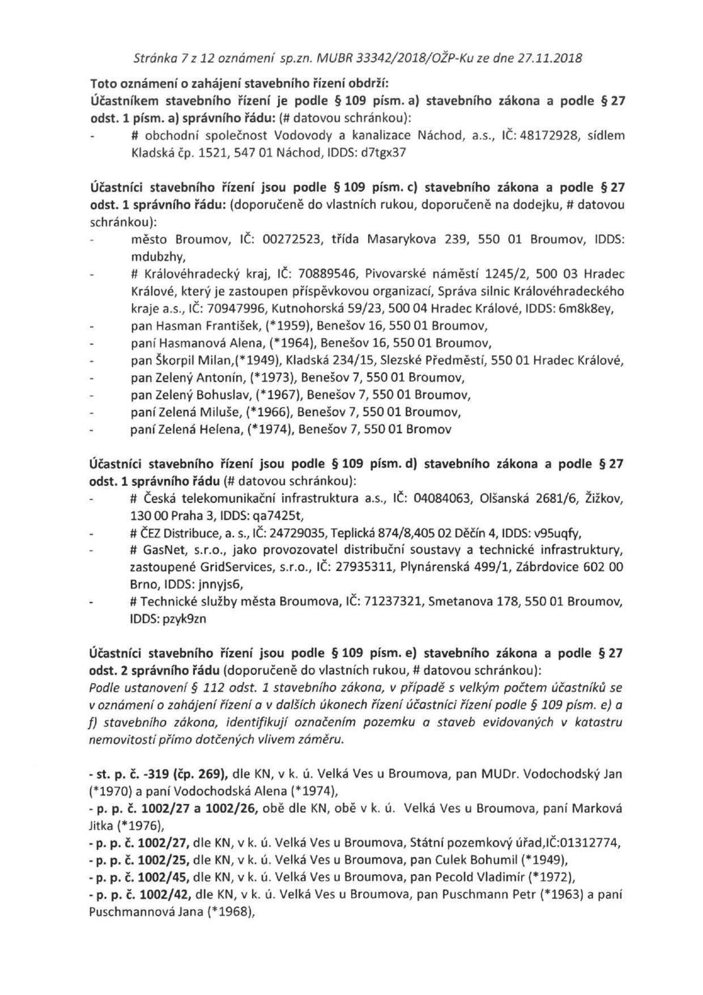 Stránka 7 z 12 oznámení sp.zn. MUBR 33342/2018/OŽP-Ku ze dne 27.11.2018 Toto oznámení o zahájení stavebního řízení obdrží: Účastníkem stavebního řízení je podle 109 písm.