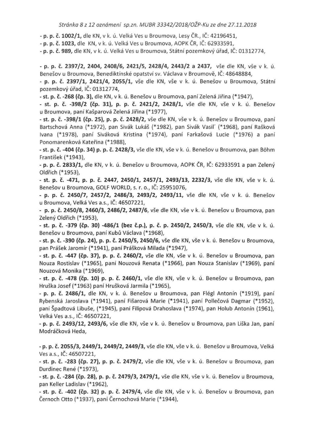 Stránka 8 z 12 oznámení sp.zn. MUBR 33342/2018/OŽP-Ku ze dne 27.11.2018 - p. p. č. 1002/1, dle KN, v k. ú. Velká Ves u Broumova, Lesy ČR., IČ: 42196451, - p. p. č. 1023, dle KN, v k. ú. Velká Ves u Broumova, AOPK ČR, IČ: 62933591, - p.