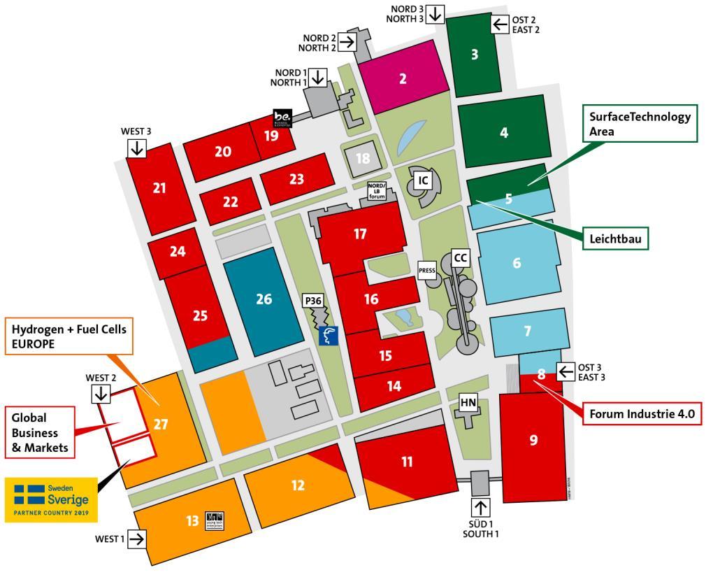 Mapa Hannover Messe 2019 Siemens na veletrhu Siemens 5G Arena Hala 16 Siemens PLM Software Hala 6, J30 400 m² Siemens emobility Hala 27,