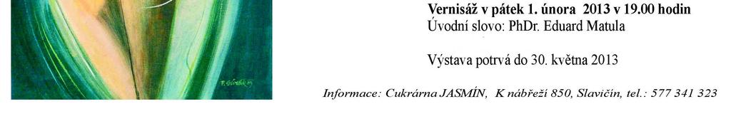 Aleš Ptáček VÝSTAVY Galerie Jasmín 1. 2. 30. 5. František Slovák OBRAZY Horákova vila VÝTVARNÉ PRÁCE žáků ZŠ praktické a ZŠ speciální v půjčovní době knihovny od 1. do 26.