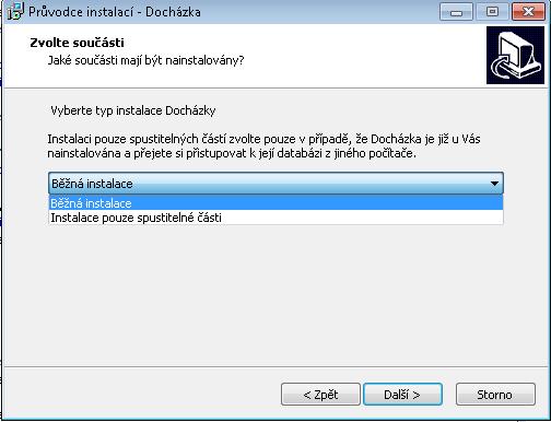 Pokud budete používat Docházku jen na jednom počítači, pak v dialogovém okně s výběrem součástí zvolte běžnou instalaci. Síťová verze Při použití správy účtů je možnost použít program v síťové verzi.