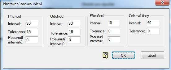 Nastavení zaokrouhlení Interval Délka intervalu, na který se má zaokrouhlovat, v minutách. Rozdělí hodinu na intervaly o stejné délce. Např. pro zaokrouhlování na čtvrthodiny nastavte 15.