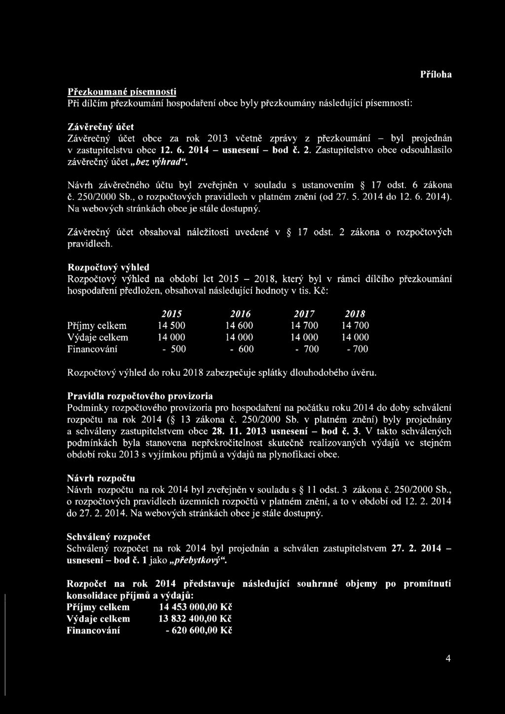 6 zákona č. 250/2000 Sb., o rozpočtových pravidlech v platném znění (od 27. 5. 2014 do 12. 6. 2014). Na webových stránkách obce je stále dostupný.