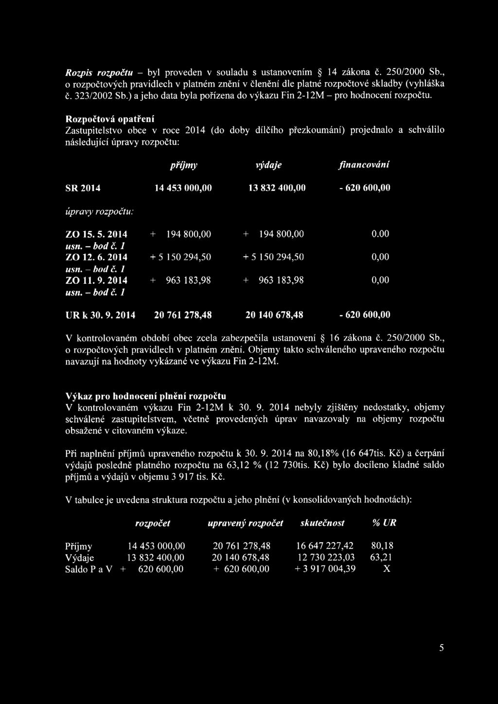 Rozpočtová opatření Zastupitelstvo obce v roce 2014 (do doby dílčího přezkoumání) projednalo a schválilo následující úpravy rozpočtu: příjmy výdaje financování SR 2014 14 453 000,00 13 832 400,00-620