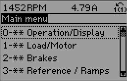 Programování měniče kmitočtu.1.7 Režim hlavní nabídky Přístup do režimu hlavní nabídky poskytujeovládací panel GLCP i NLCP. Režim hlavní nabídky zvolíte stisknutím tlačítka [Main Menu]. Na obrázku.