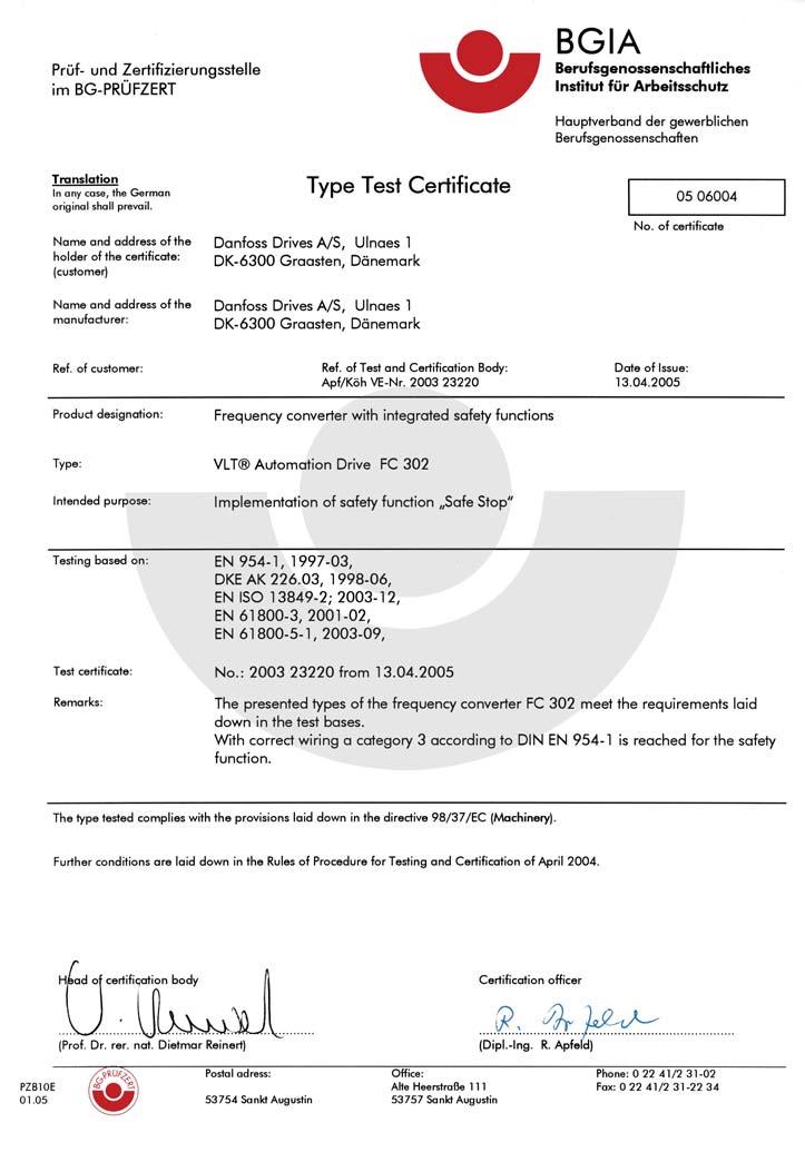 1 Bezpečnost 1 130BA491 Certifikát se rovněž vztahuje na měnič FC 102 a FC