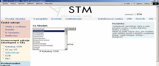 Obr. 4 Katalog STM obsahuje téměř 40 000 záznamů, a proto často dostáváme v tomto jednoduchém souborném vyhledávání příliš mnoho výsledků.