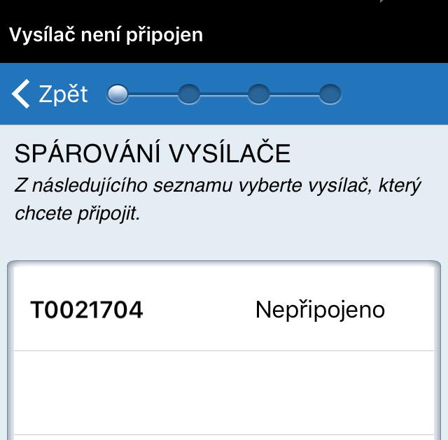 7. Na obrazovce SPÁROVÁNÍ VYSÍLAČE bude sériové číslo vysílače Smart zjištěné aplikací uvedeno jako Nepřipojeno. Klepnutím na tlačítko Nepřipojeno spusťte párování. 9.