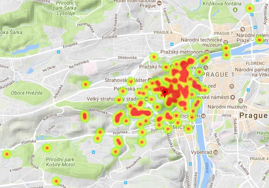 Geolokace - test Praha - nejvíce