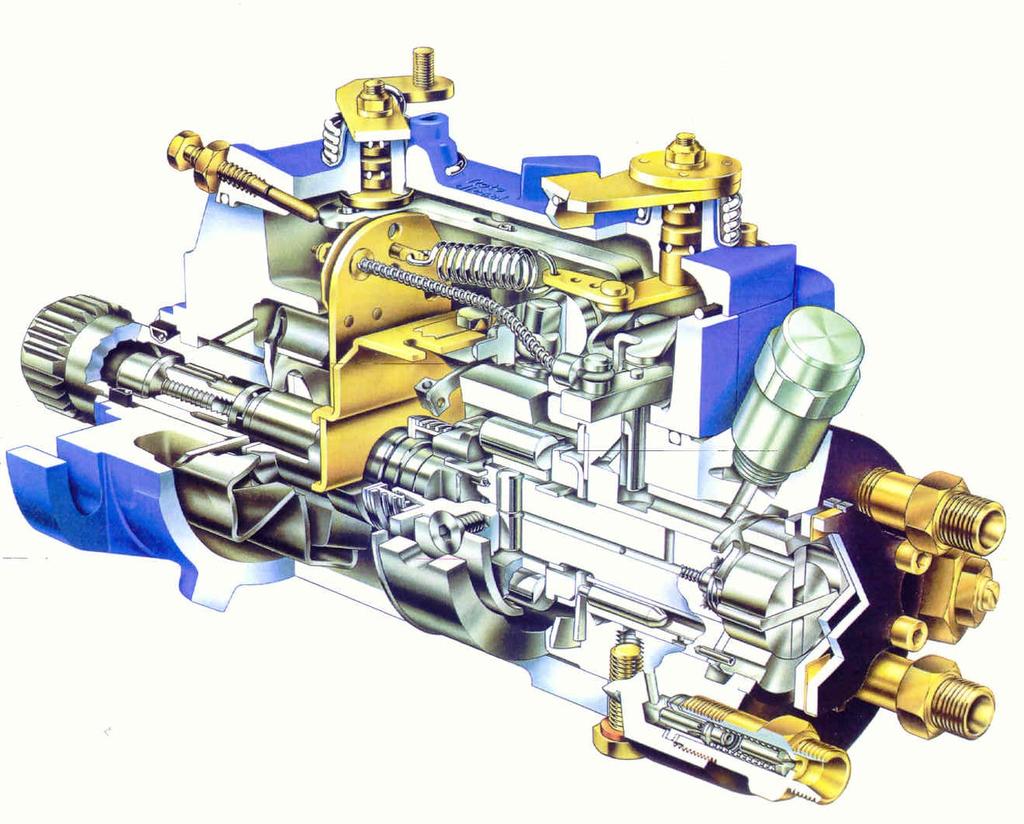 SOUSTAVA S ROTAČNÍM VSTŘIKOVACÍM ČERPADLEM S RADIÁLNÍMY PÍSTY A MECHANICKOU REGULACÍ -pro motory s obsahem 1válce do i nad 600 ccm a 25 kw a do 6 válců -p vstř do 150 MPa -HLAVNÍ ČÁSTI SOUSTAVY-